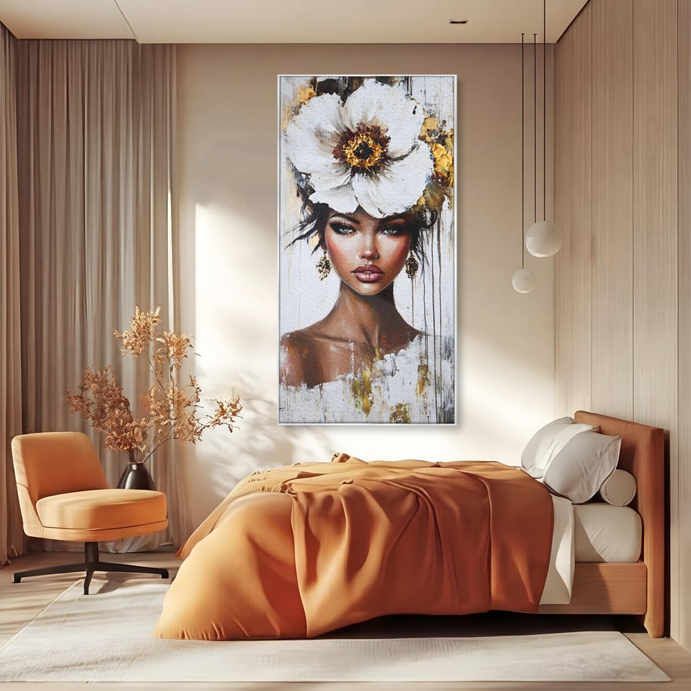 Tablou canvas cu tablou canvas cu portret feminin si floare, in rama de aluminiu argintiu, pe perete intr-un dormitor